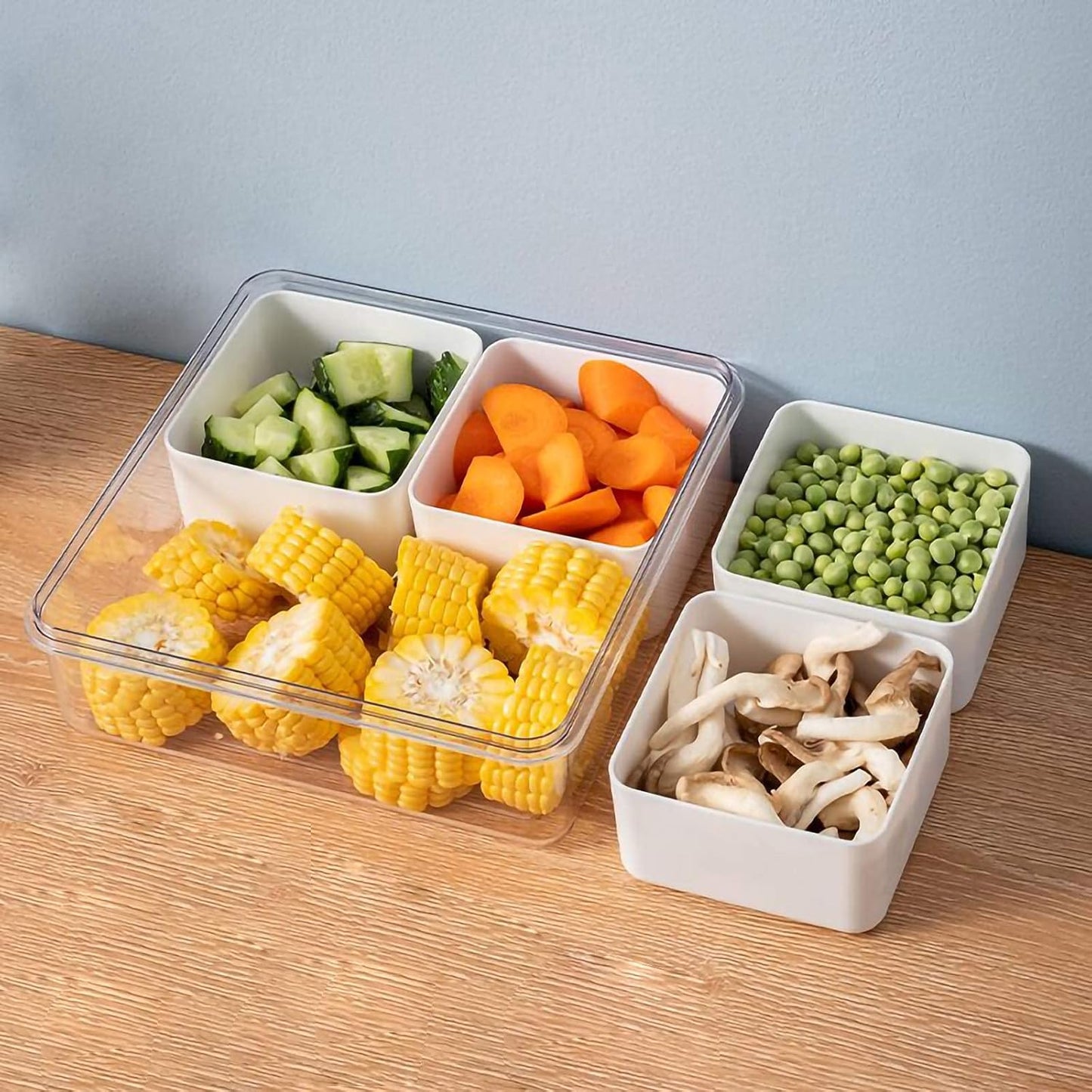 Divided Serving Tray with Lid for Veggie Charcuterie Container Portion Control Salad Keeper with 4 Removable Boxes Stackable Refrigerator Organizer Bins Food Storage Organizer Produce Saver
