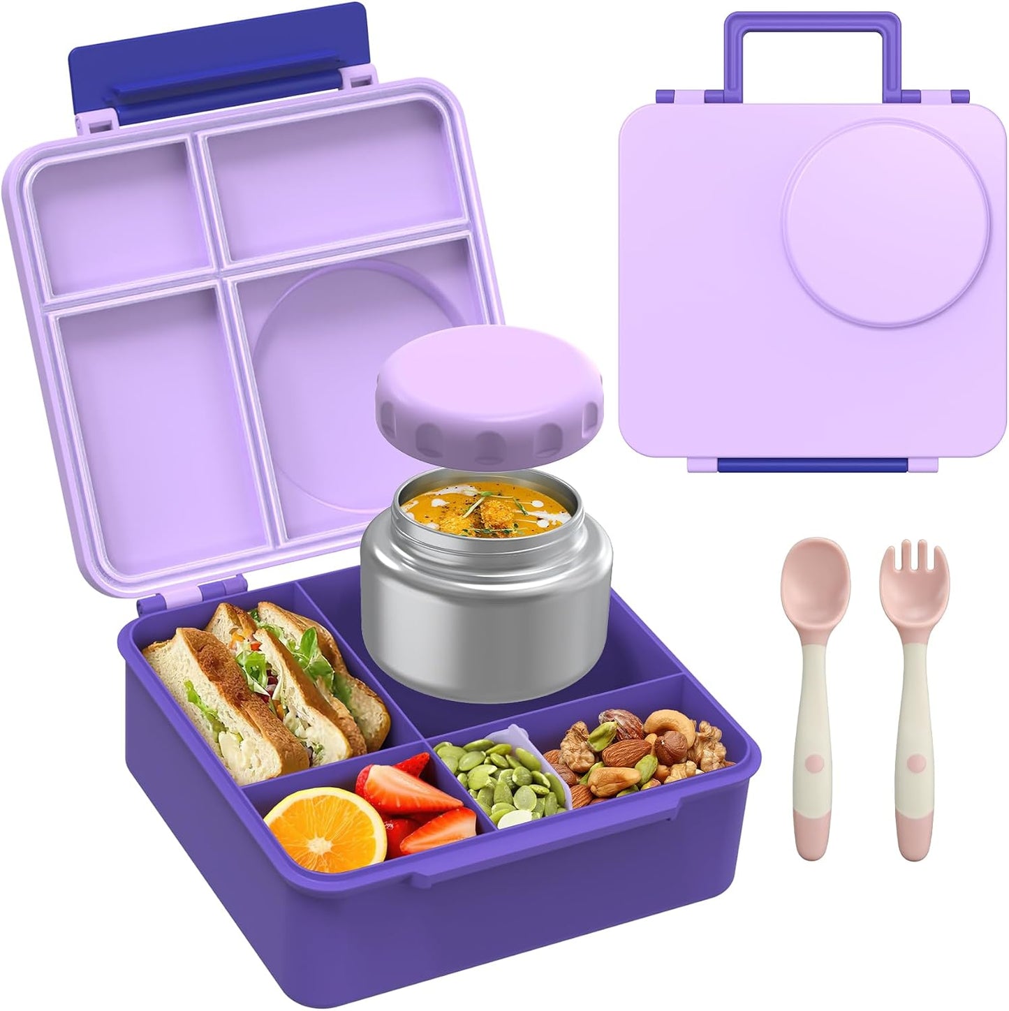 Bento Lunch Box Set for Kids with 8oz Soup Thermo, Leak-Proof Lunch Containers with 4 Compartment, Thermo Hot Insulated Food Jar and Foldable Fork Spoon, for Kids to School (pale pink)