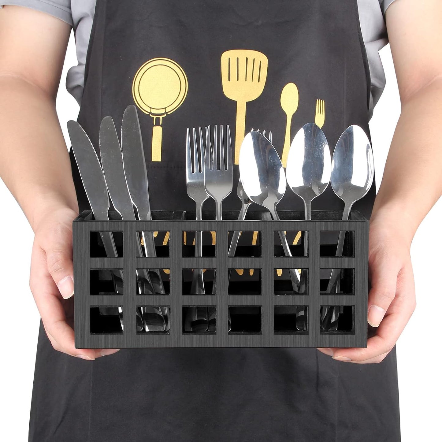 Farmhouse Wooden Silverware Utensil Caddy Cutlery Holder Small Acacia Wood Utensil Holders Organizer for Kitchen Count Party Fork Spoon Storage Organizer Table Silverware Holder Flatware Caddy Basket
