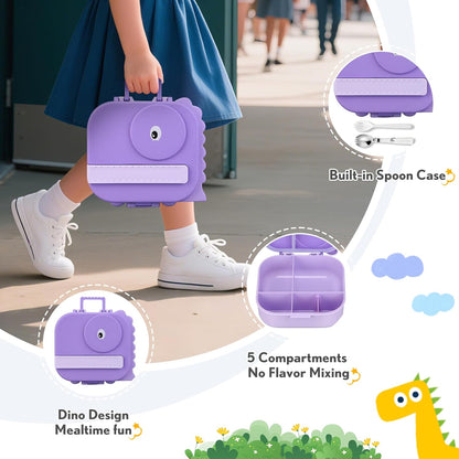 Lunch Box Kids with 5 Compartments, Insulated Food Jar & Utensils, Leak Proof Bento Box with Sauce Container, BPA-Free & Dishwasher Safe, Dinosaur Design(Purple)