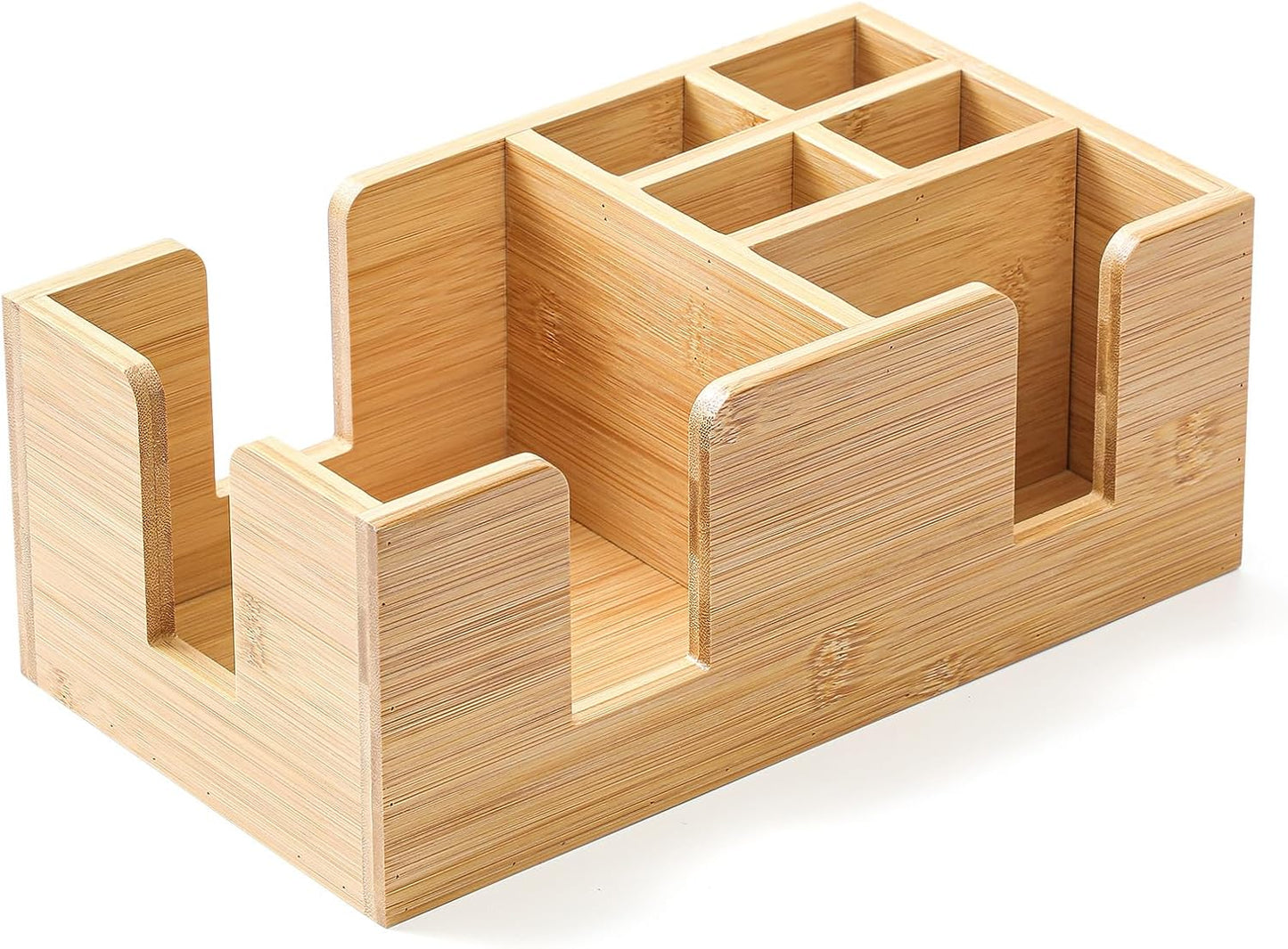 Mifoci Wooden Bar Caddy with 6 Compartments, Acacia Wood Bar Caddy Napkin & Straw Holder Organizer Cocktail Napkin Holder Condiments for Home Office Kitchen Countertop (Brown, 10.6 L x 5.5 W)