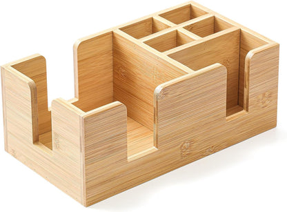 Mifoci Wooden Bar Caddy with 6 Compartments, Acacia Wood Bar Caddy Napkin & Straw Holder Organizer Cocktail Napkin Holder Condiments for Home Office Kitchen Countertop (Brown, 10.6 L x 5.5 W)