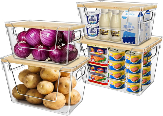 4 Set Stackable Storage Plastic Container with Removable Bamboo Cover | Kitchen Organizers Clear Front Open More Easy Access Bins Storage for Pantry, Potato, Onion, Garlic, Fruits, Vegetable
