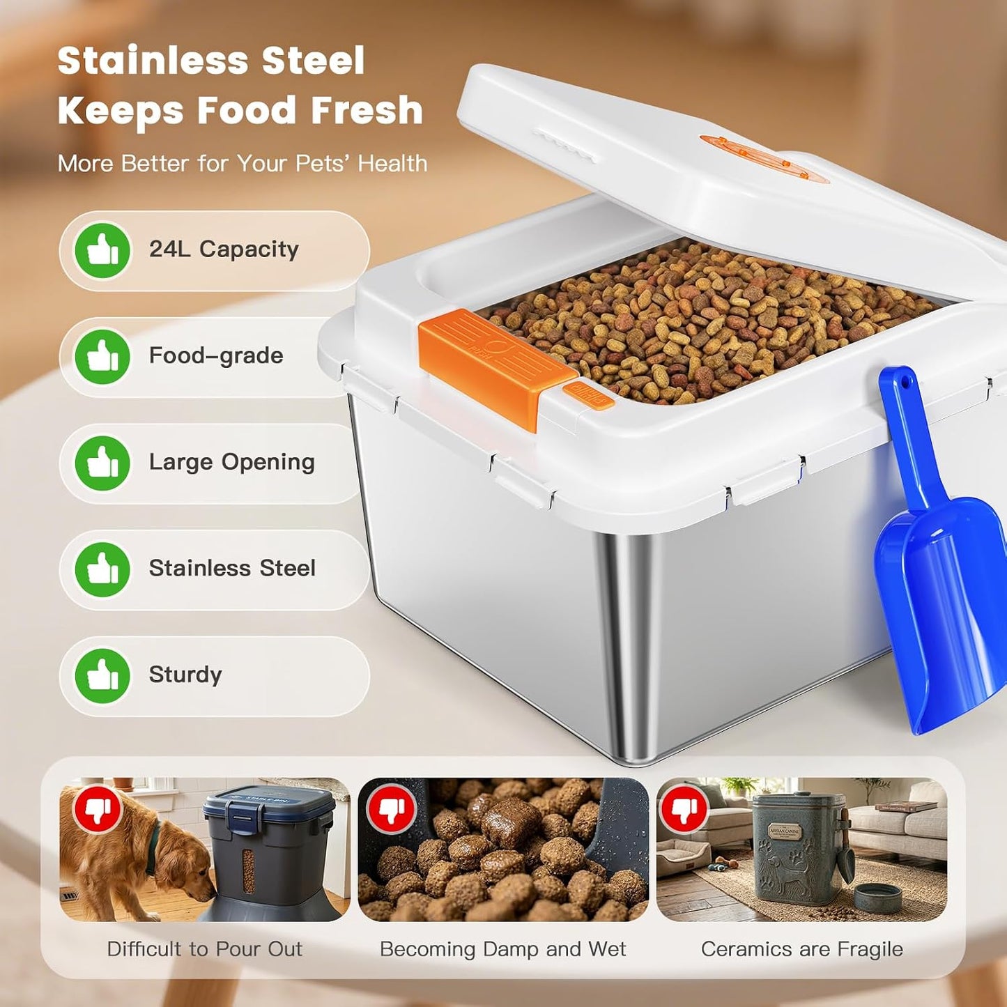Stainless Steel Dog Food Storage Container 22LB, Airtight Pet Food Bin with One-Touch Lid, Large Capacity Metal Storage for Dog & Cat Food, Keeps Food Fresh, Odor-Proof & Easy to Clean