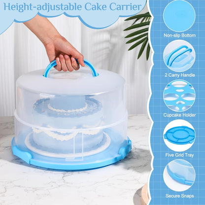 Teenyyou 12 Inch Large Cake Carrier with Lid and Handle for 12" Round 7" High Cake Adjustable Plastic Pies Carrier Portable Cupcakes Transport Container for Cookies Pizza and More(Pink)