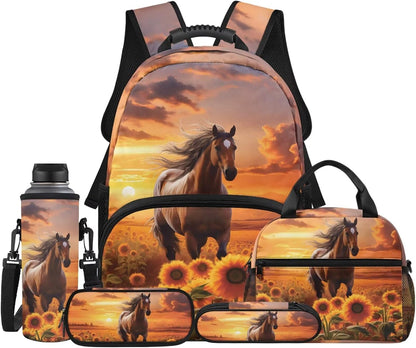 Highland Cow Backpack with Lunch Box Set for Kids Sunflower School Backpack for Girls Boys Back to School Bag Student Travel Backpacks Reusable Utensils Pen Case Water Bottle Bag 5PCS