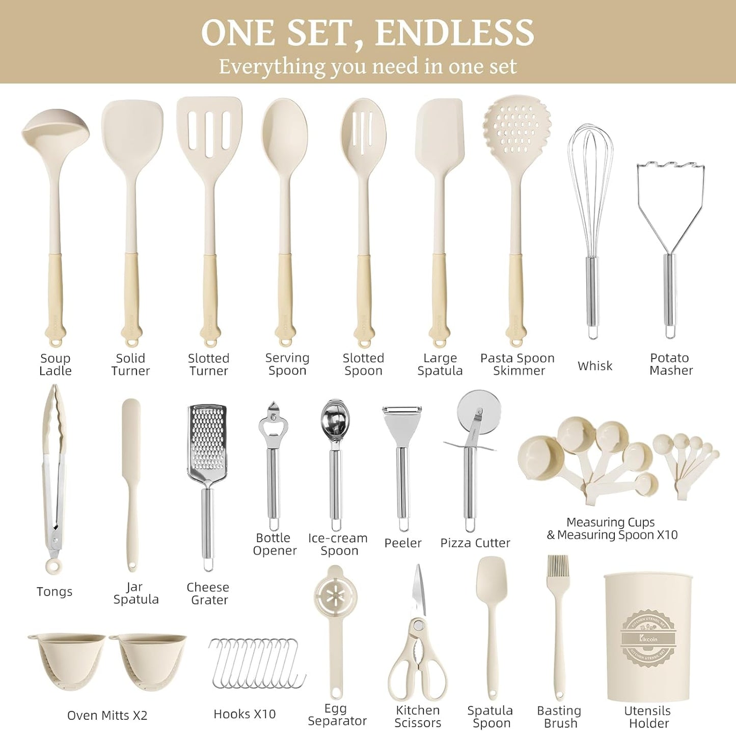 Kikcoin 43Pcs Large Kitchen Utensils Set - Silicone Cooking Utensils Set, Dishwasher Safe Spatula Set for Non-stick Cookware, 446°F Heat Resistant Kitchen Utensils Set with Holder BPA Free, Grey