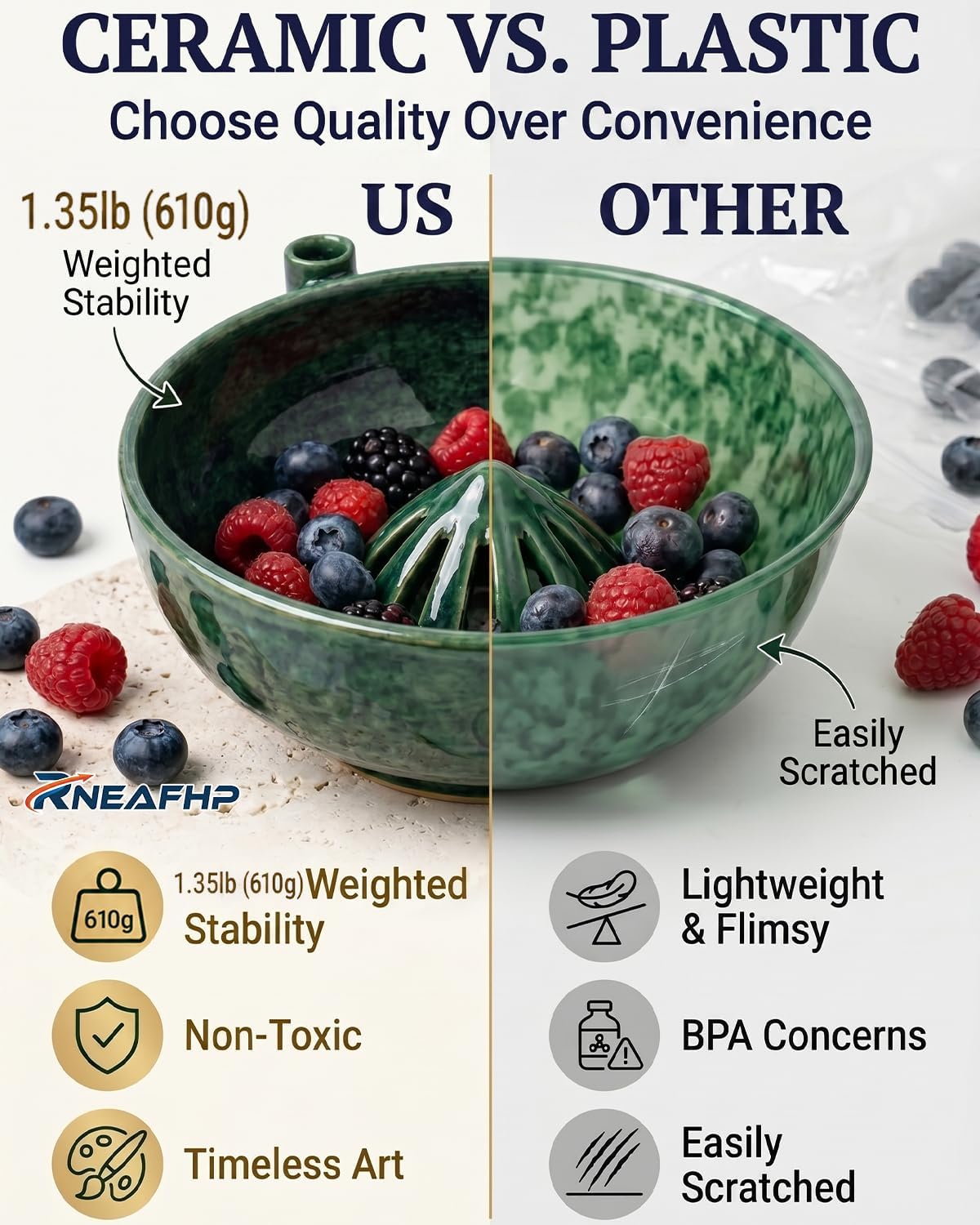 The Original Artisan Swirling Berry Bowl – Hand-Thrown, Functional Ceramic Art Self Washer Spinning Vortex Berry Washing Bowls Fruit Basket Automatic Quick Rotating Cleaning with Drain Holes