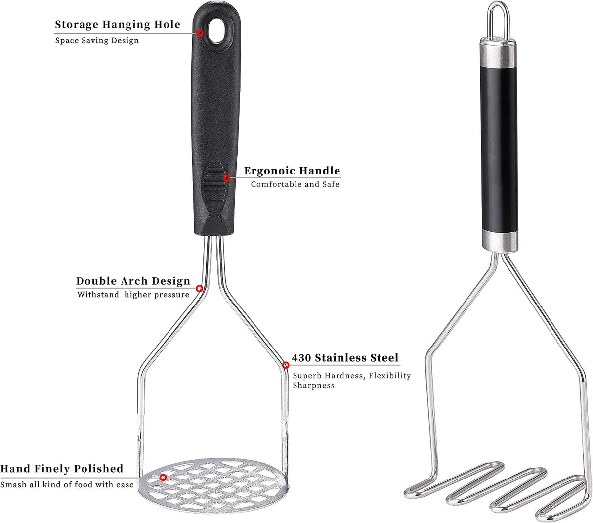 2PCS Potato Masher, OLULU Heavy Duty Stainless Steel Mashed Potatoes Masher, Masher Kitchen Tool for Avocado, Potatoes, Beans, Meat, Vegetables, 10.24inch, Dishwasher Safe