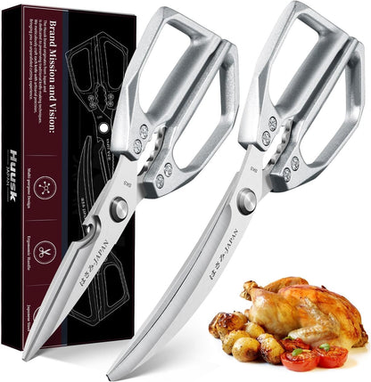 HUUSK Kitchen Scissors Set Silver - Stainless Steel Kitchen Shear, Sharp Meat Scissors, Heavy Duty Poultry Shears, Japanese Cooking Scissor for Food, Gifts for Men Women