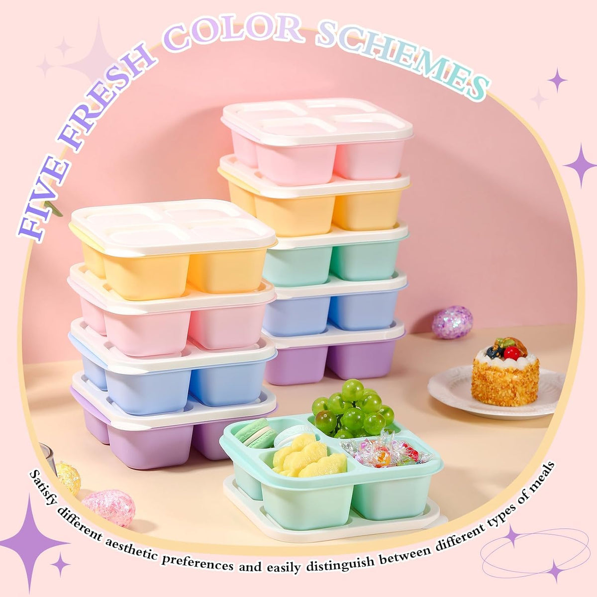 Honeydak 10 Pack Bento Snack Containers 4 Compartment Snack Boxes Reusable Containers with Lids Divided Meal Prep Lunch Food Storage Box for School Work Travel