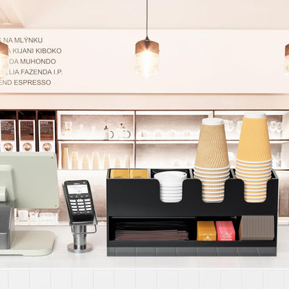 Coffee Condiment and Cup Organizer - 2-Tier Upright Cup and Lid Holder with Straw Organizer 2 Compartments Clear Acrylic Cup Dispenser for Restaurant Breakroom Coffee Station Countertop