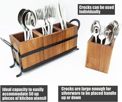NelyBet Utensil Caddy Silverware Cutlery Holder with 3 Compartment, Wooden Utensil Crock Flatware Organizers with Metal Tray, Rustic Kitchen Utensil Organizers for Farmhouse Kitchen and Countertop