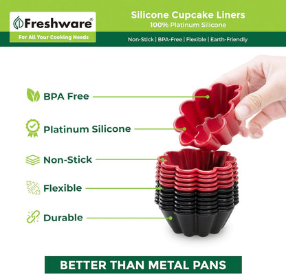 Freshware Cupcake Liners, Pack of 12 Silicone Muffin Cups, 3 Inch Baking Cups, Reusable & Non-stick Cupcake Liners for Party Halloween Christmas, Flower