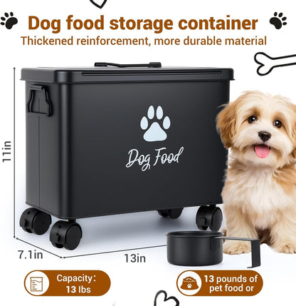 Dog Food Container 13lb, Cute Airtight Pet Food Storage Containers with Metal Lid Scoop, Black Metal Storage Bin for Dog/Cat with Wheels,Easy to Move
