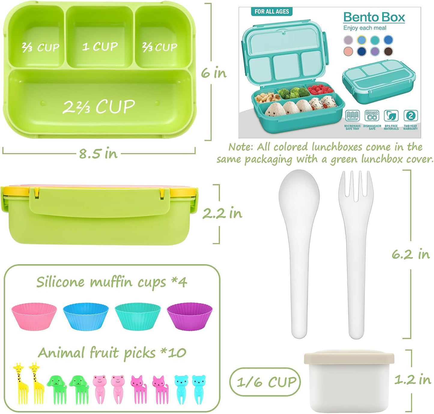 QQKO Bento Lunch Box for Kids Girls Boys, Toddler Kids Lunch Boxes for School, Lunch Containers for Adults with 4 Compartments, Sauce Container, Utensils, Food Picks and Muffin Cups, Purple