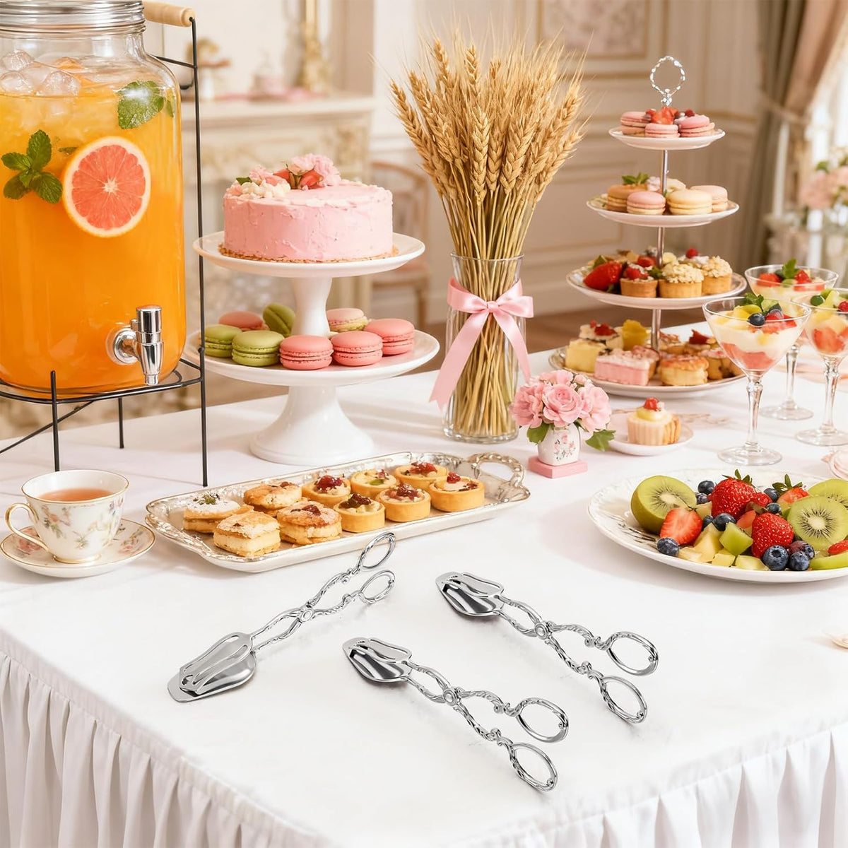 Jucoan 3 Pack Vintage Silver Serving Tongs, 8.5 Inch Zinc Alloy Metal Food Buffet Bread Salad Tongs for Birthday Wedding Tea Party, Dishwasher Safe