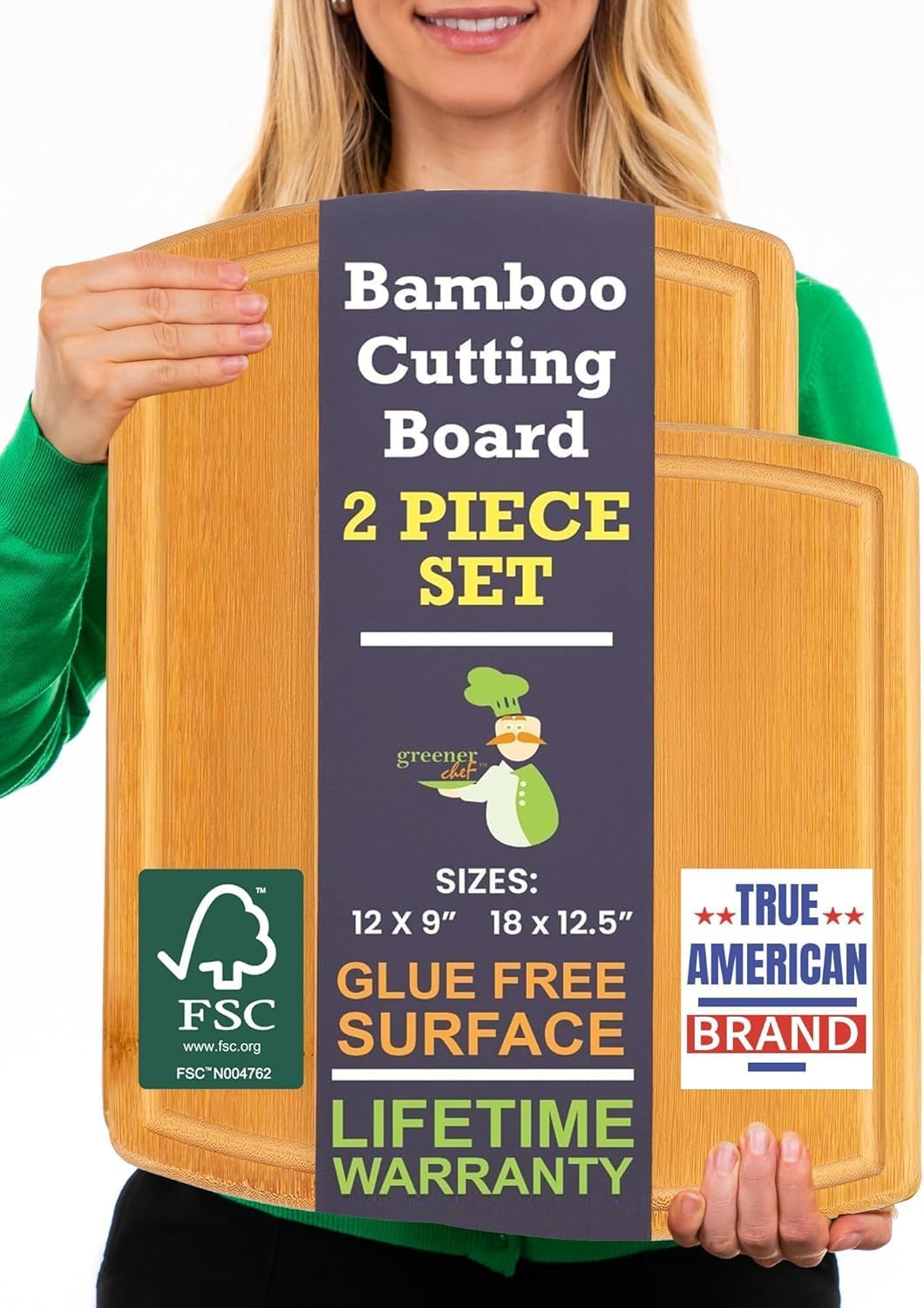 Greener Chef Luxury Bamboo Cutting Board Set of 3 with Glue-Free Surface Technology - Extra Spacious Wood Cutting Boards for Kitchen and XL Chopping Board Set - Replacements for Life
