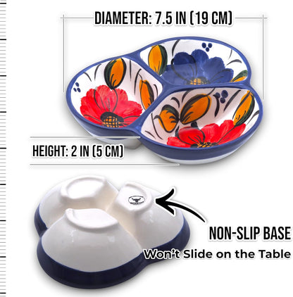 Ceramic Chip & Dip Bowl 7.5”, 3-Compartment Divided Serving Dish & Condiment Tray for Appetizers – Handmade in Spain, Lead-Free Glaze, Microwave, Oven & Dishwasher Safe