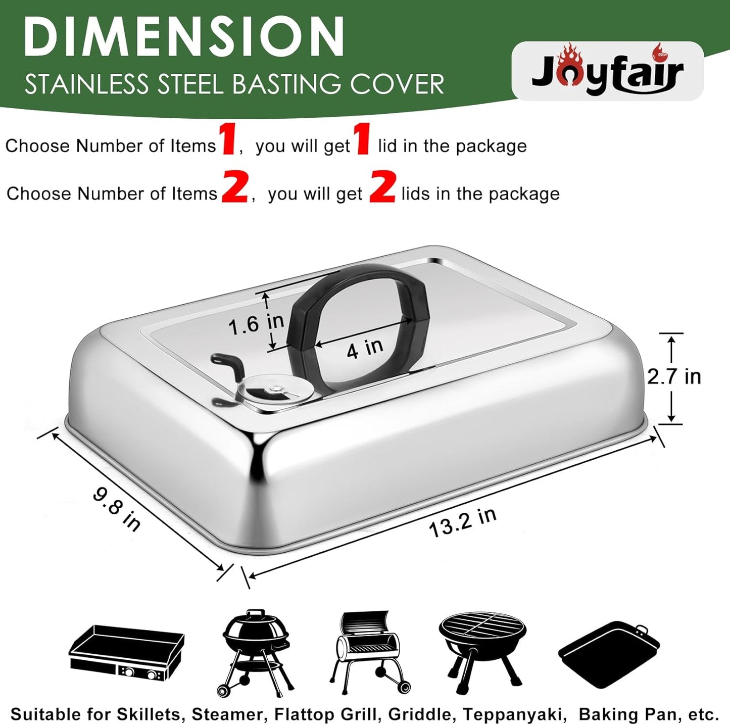 2Pcs Basting Cover Melting Dome for Griddle (13 x 9.8"), Joyfair Rectangular Stainless Steel Cheese Melt Lid for Outdoor Flat Top Grill, Heat-Resistant Handle & Dishwasher Safe (No Vent)