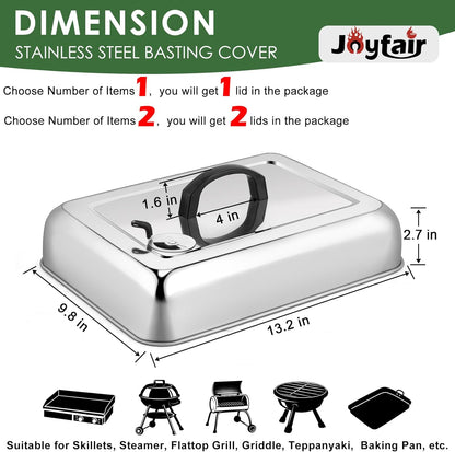 2Pcs Basting Cover Melting Dome for Griddle (13 x 9.8"), Joyfair Rectangular Stainless Steel Cheese Melt Lid for Outdoor Flat Top Grill, Heat-Resistant Handle & Dishwasher Safe (No Vent)