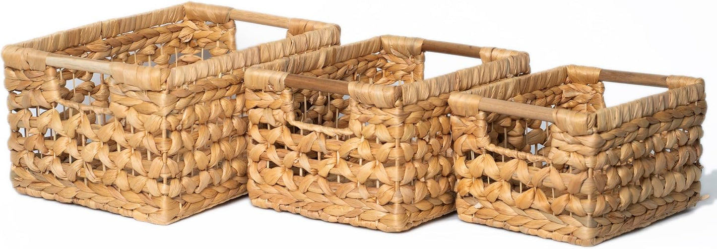 NAYA 11.6" Water Hyacinth Medium Wicker Shelf Basket – Storage Bin | Handwoven water hyacinth shelf basket with sturdy handles for pantry, towels and everyday home organization.