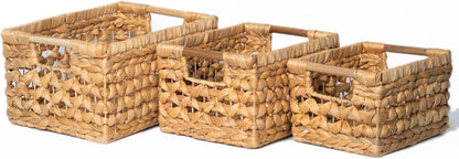 NAYA 11.6" Water Hyacinth Medium Wicker Shelf Basket – Storage Bin | Handwoven water hyacinth shelf basket with sturdy handles for pantry, towels and everyday home organization.