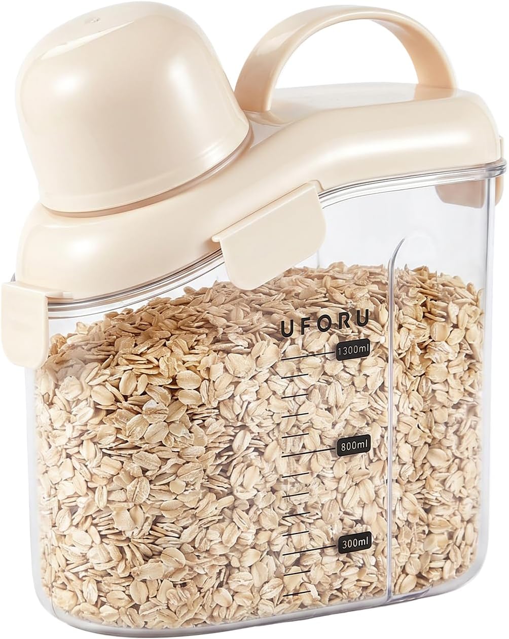 UFORU Cereal Containers Storage 2.1L, Airtight Rice Container with lids for grain, flour and beans, Pouring Spout & Handle, BPA-Free for Pet Food Storage(Cream White)
