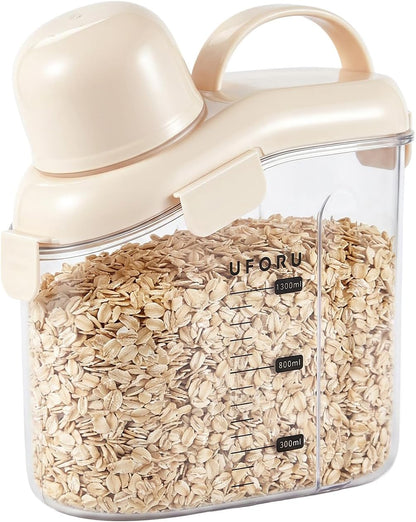 UFORU Cereal Containers Storage 2.1L, Airtight Rice Container with lids for grain, flour and beans, Pouring Spout & Handle, BPA-Free for Pet Food Storage(Cream White)