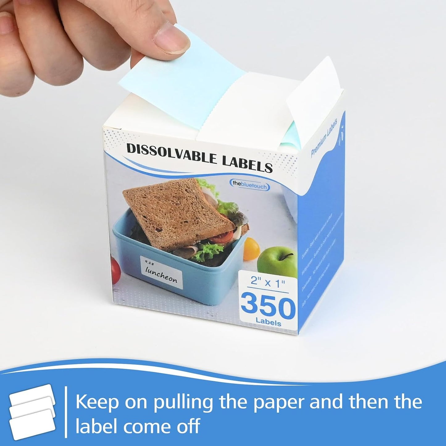 THEBLUETOUCH Dissolvable Food Labels with Dispenser - 1" x 2" Water Dissolving Labels, No Residue for Meal Prep & Food Storage Containers, 350 Count (1 Rolls of 350)