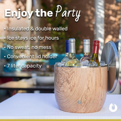 SNOWFOX Plus, Premium Vacuum Insulated Stainless Steel Ice Bucket with Lid/Scoop,Home Bar Accessories,Elegant Bartending Ice Bucket for Parties,Beautiful Outdoor Entertaining Supplies,3L,Natural Teak