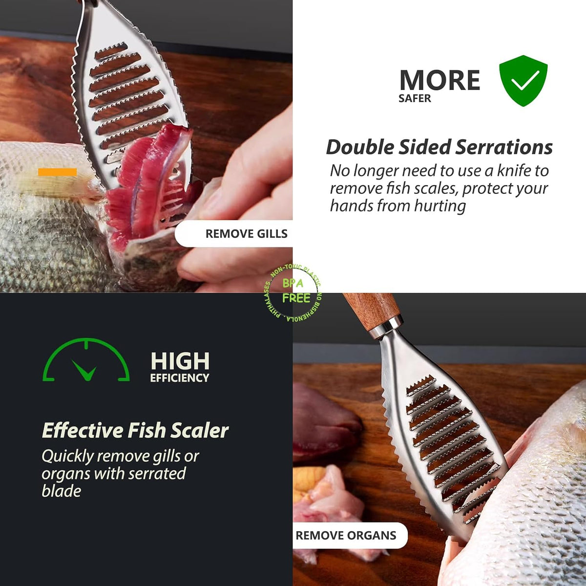 Stainless Steel Fish Scale Remover, Manual Fish Scaler with Wood Handle