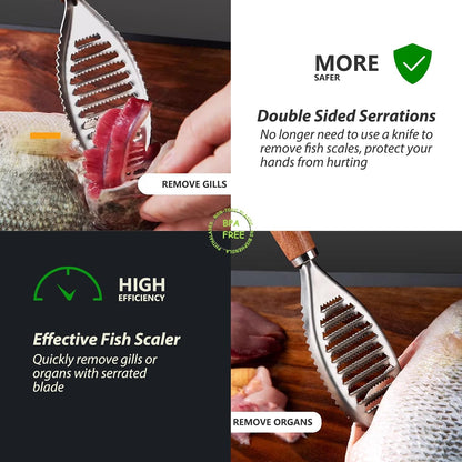 Stainless Steel Fish Scale Remover, Manual Fish Scaler with Wood Handle
