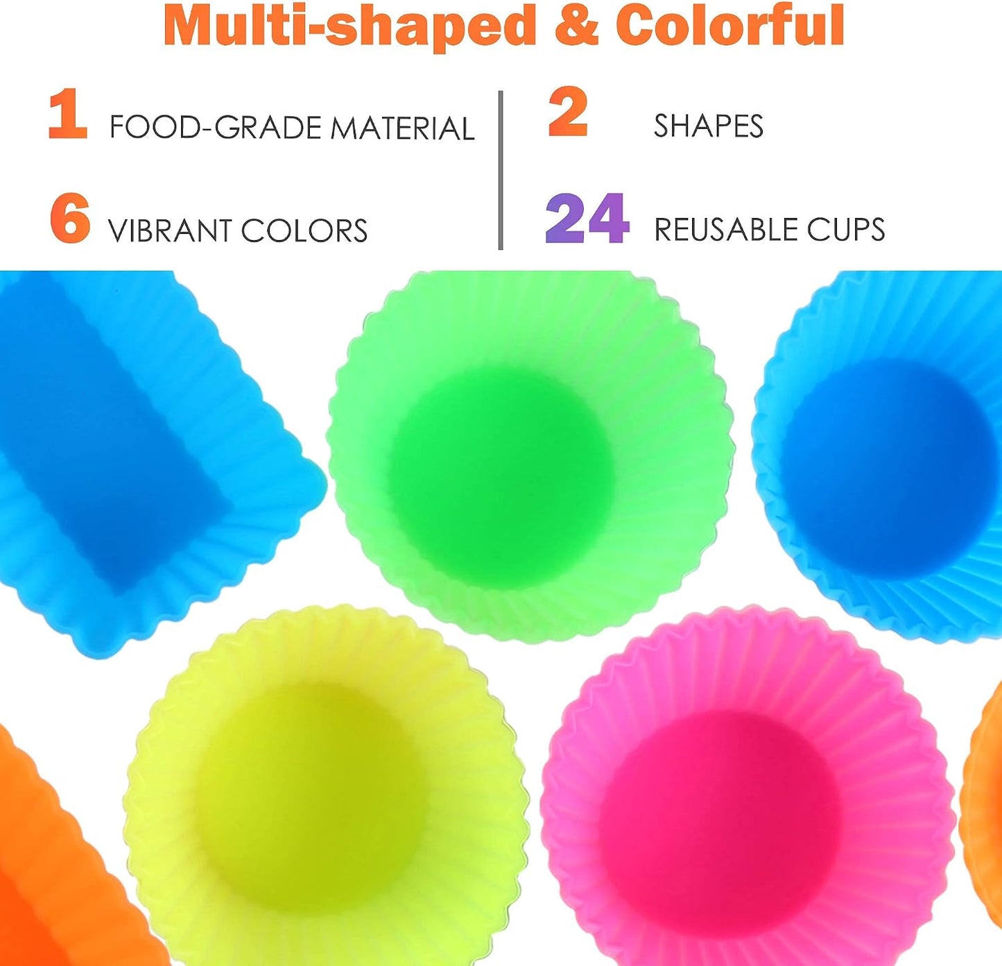 IPOW 24 Pack Silicone Cupcake Baking Cups Reusable Food-Grade BPA Free Non-Stick Muffin Liners Molds Sets, 2 Shapes Round Rectangle