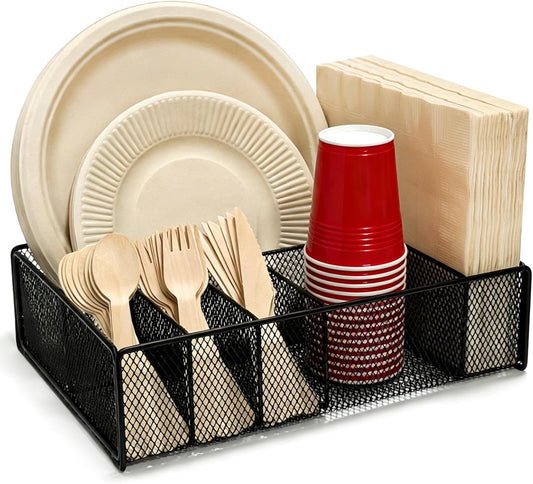Paper Plate Organizer for Countertop - Metal Utensil Caddy Silverware Holder Cutlery Flatware Plastic Spoon Fork Plates Napkins Cup Storage Dispenser Party Picnic Essentials Camping Supplies