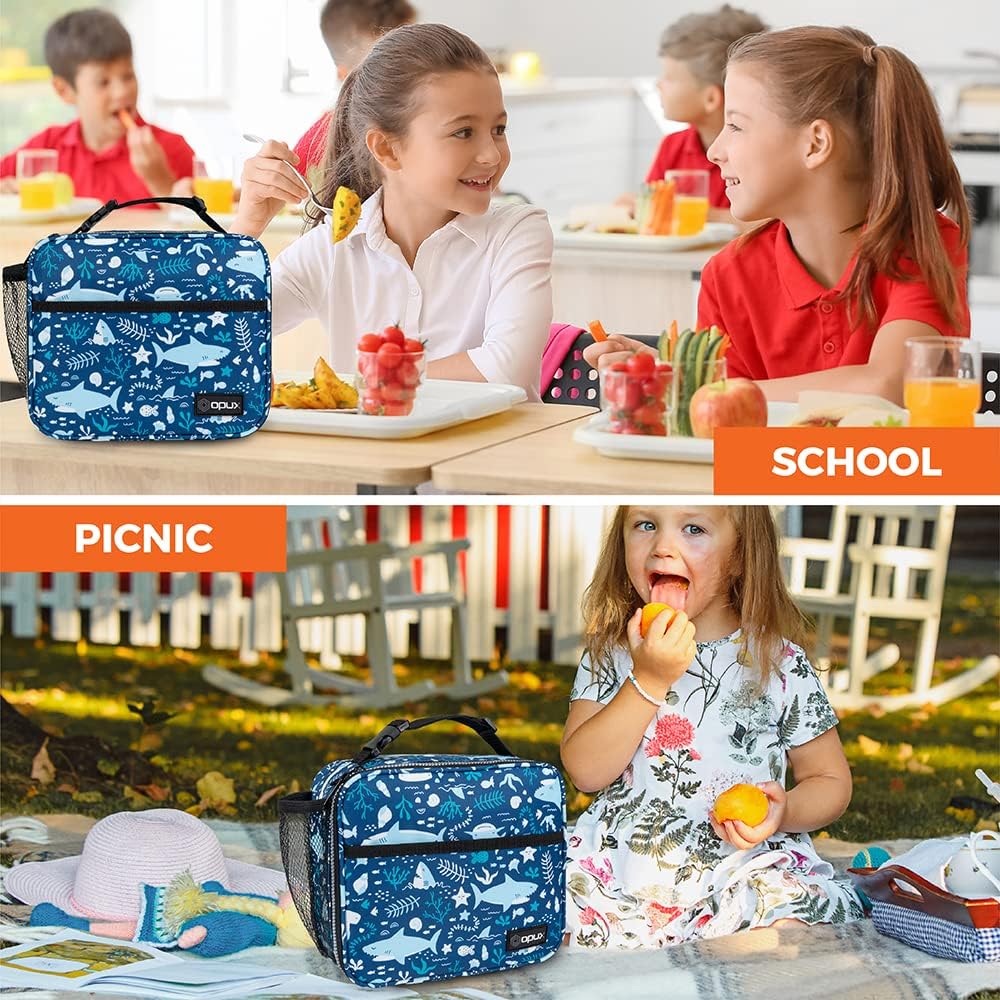 opux Insulated Lunch Bag Kids, Lunch Box for School Boy Girl, Leakproof Small Reusable Compact Soft Mini Cooler Bag, Toddler Small Lunch Boxes Kit Pail with Front Side Pockets (Purple)