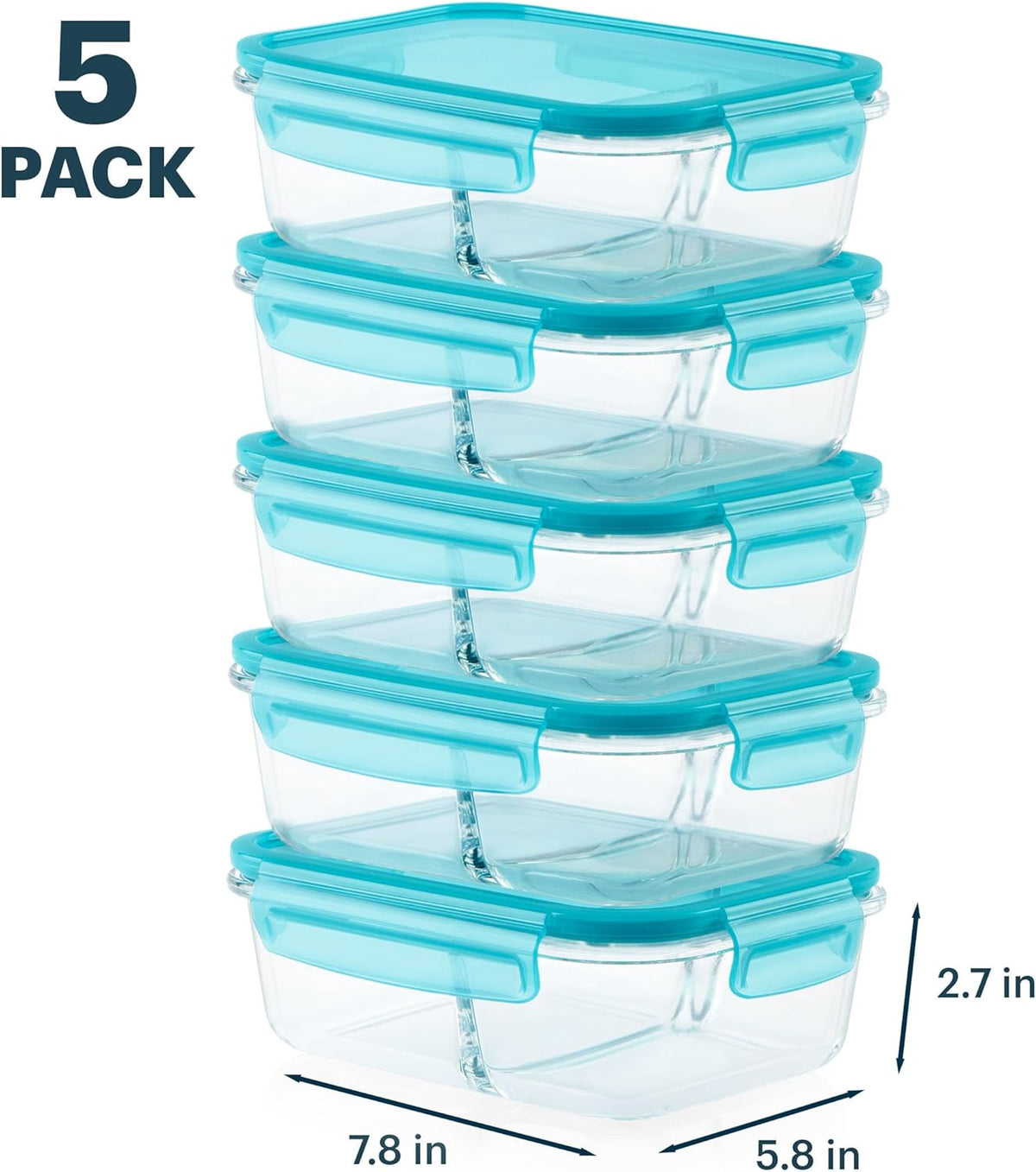 Pyrex Glass Meal Box (5-Pack, 2.3 Cup) Divided Compartments with Locking Lids, For Meal Prepping and Portioning, BPA Free Microwave Dishwasher Safe