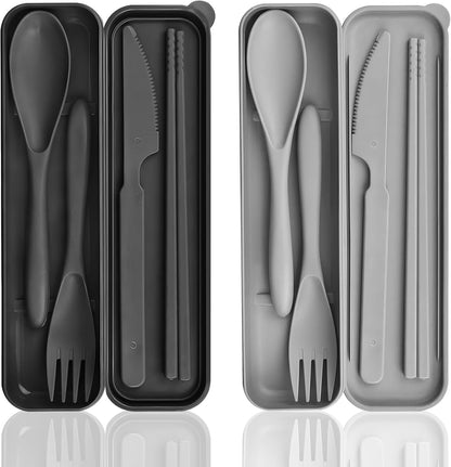 Large Plastic Reusable Utensils Set with Case, Travel Chopsticks Fork Spoon Knife Set for Lunch Box, Portable Cutlery Sets for Travel Camping Daily Use (2 Sets), Blue, Green