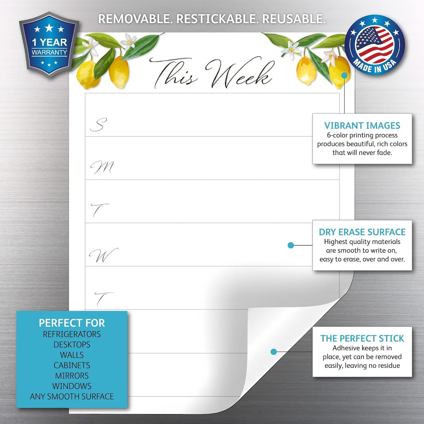 Dry Erase Weekly Calendar Planner Sticker Decal | Removable & Reusable | Magnetic Fine-Tip Marker Included (6 x 9 inches, White)