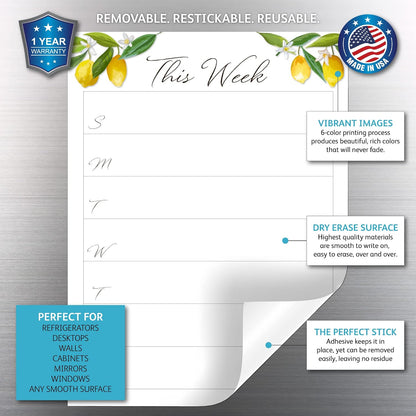 Dry Erase Weekly Calendar Planner Sticker Decal | Removable & Reusable | Magnetic Fine-Tip Marker Included (6 x 9 inches, White)