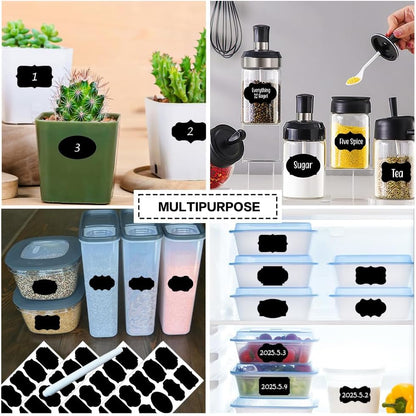 200PCS Chalkboard Labels, Waterproof Reusable Labels with 1 Erasable Pen, Removable Blackboard Label Stickers for Food Containers, Storage Bins, Jars, Kitchen Spice Label (Black)
