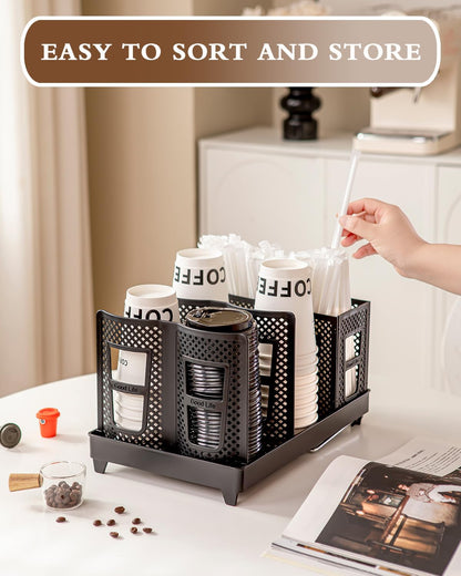 Coffee Cup Holder Organizer Unbreakable 2-IN-1 Paper Cup and Lid Holder with Straw Organizer Adjustable Paper Cup Holder for Countertop Coffee Station Bar Restaurant Breakroom Kitchen Office
