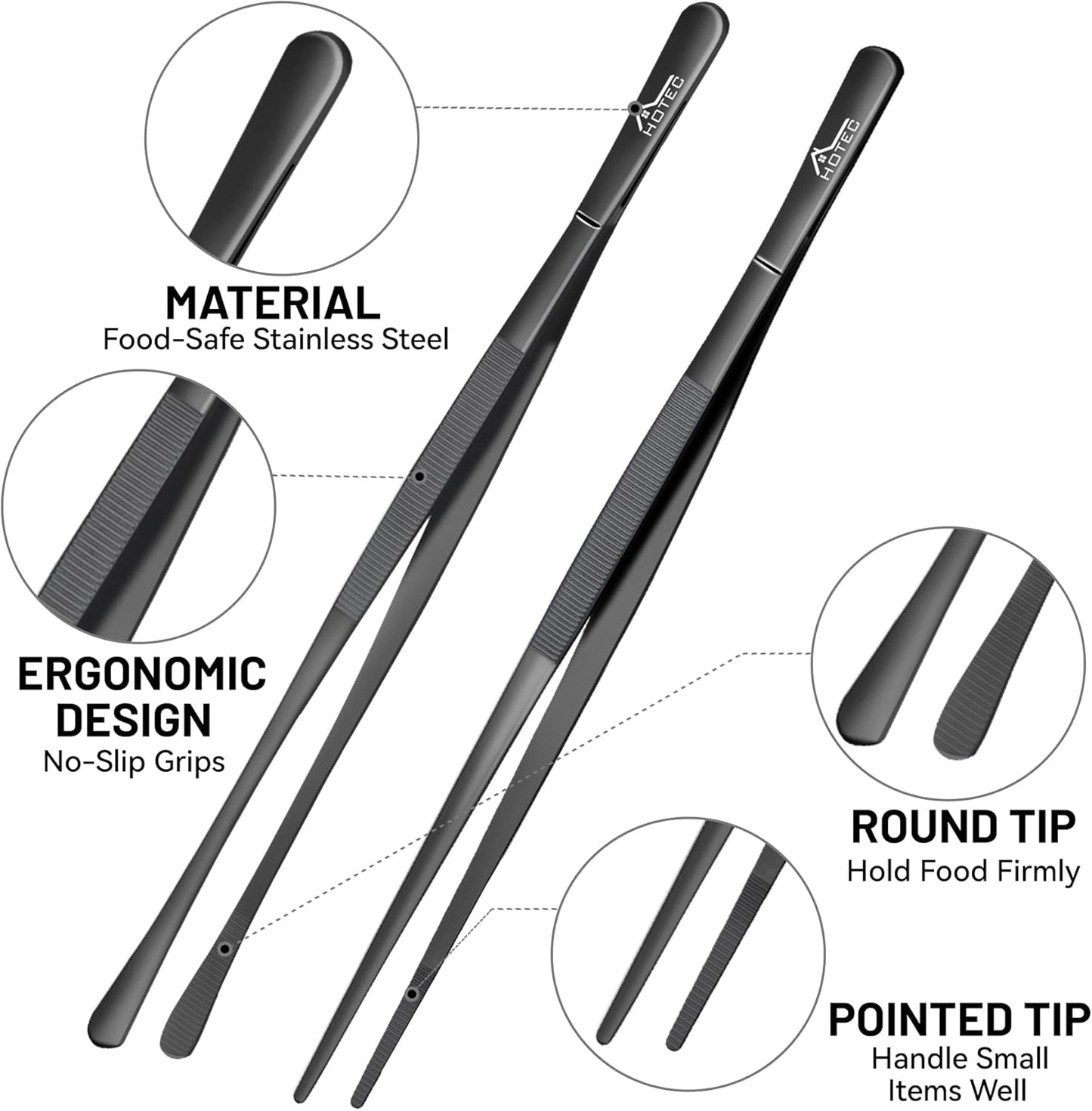 HOTEC Kitchen Tweezers Tongs Stainless Steel Professional Chef Tweezers, Set of 3-6.3", 10" and 12inch Food Tongs for Cooking, Repairing, Dessert, BBQ, Meat, Pasta
