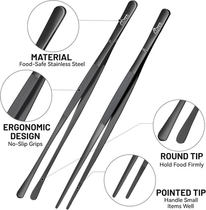 HOTEC Kitchen Tweezers Tongs Stainless Steel Professional Chef Tweezers, Set of 3-6.3", 10" and 12inch Food Tongs for Cooking, Repairing, Dessert, BBQ, Meat, Pasta