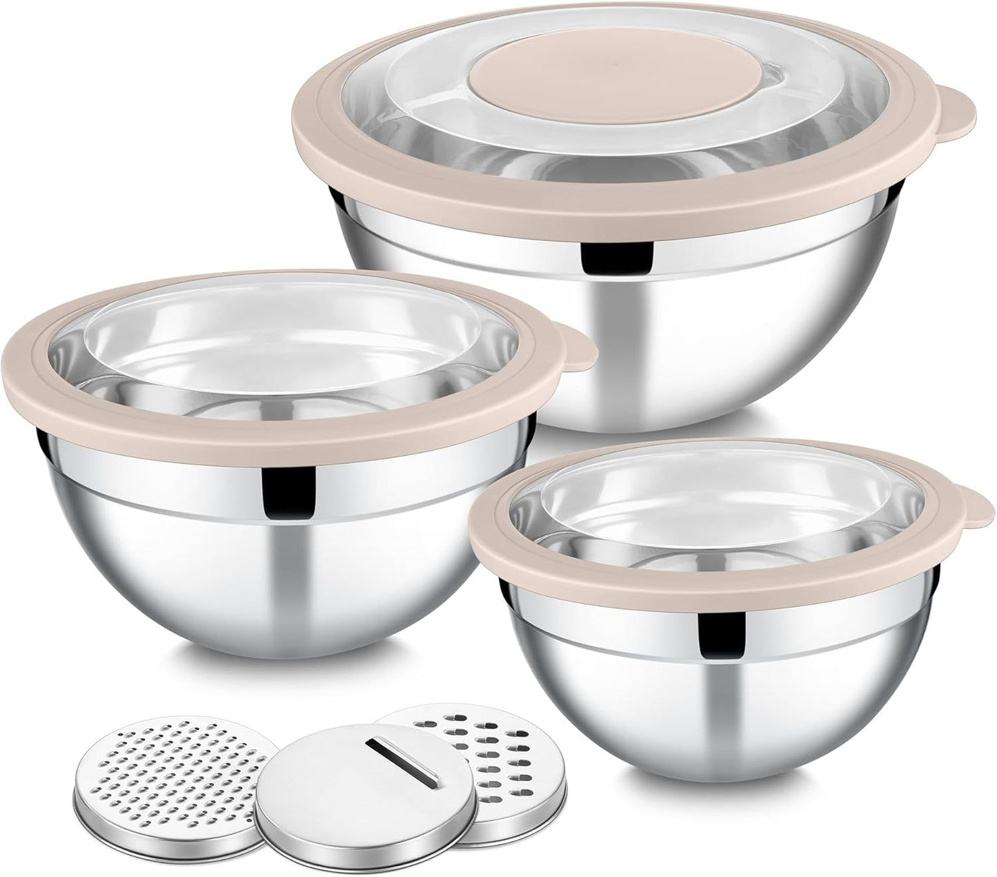 E-far Mixing Bowls Set of 5, Stainless Steel Salad Mixing Bowl with Transparent Lid, Metal Nesting Bowl Attach with 3 Graters for Kitchen Prepping/Serving/Baking/Storage, 4.6/2.6/1.5/1/0.7 QT - Black