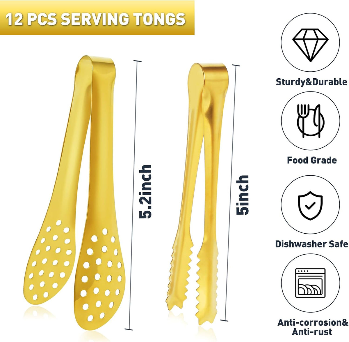 JCREN 12 Pcs Serving Tongs, Small Serving Utensils for Parties Catering Gold Tongs, Small Stainless Steel Mini Appetizer Tongs for Tea Party Coffee Bar, 4 Inches - Gold