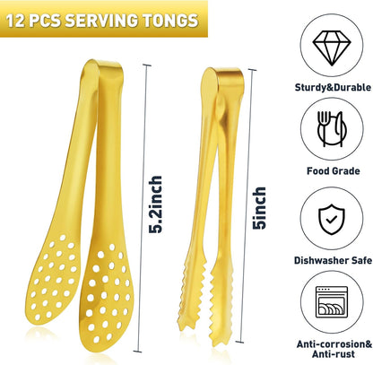 JCREN 12 Pcs Serving Tongs, Small Serving Utensils for Parties Catering Gold Tongs, Small Stainless Steel Mini Appetizer Tongs for Tea Party Coffee Bar, 4 Inches - Gold