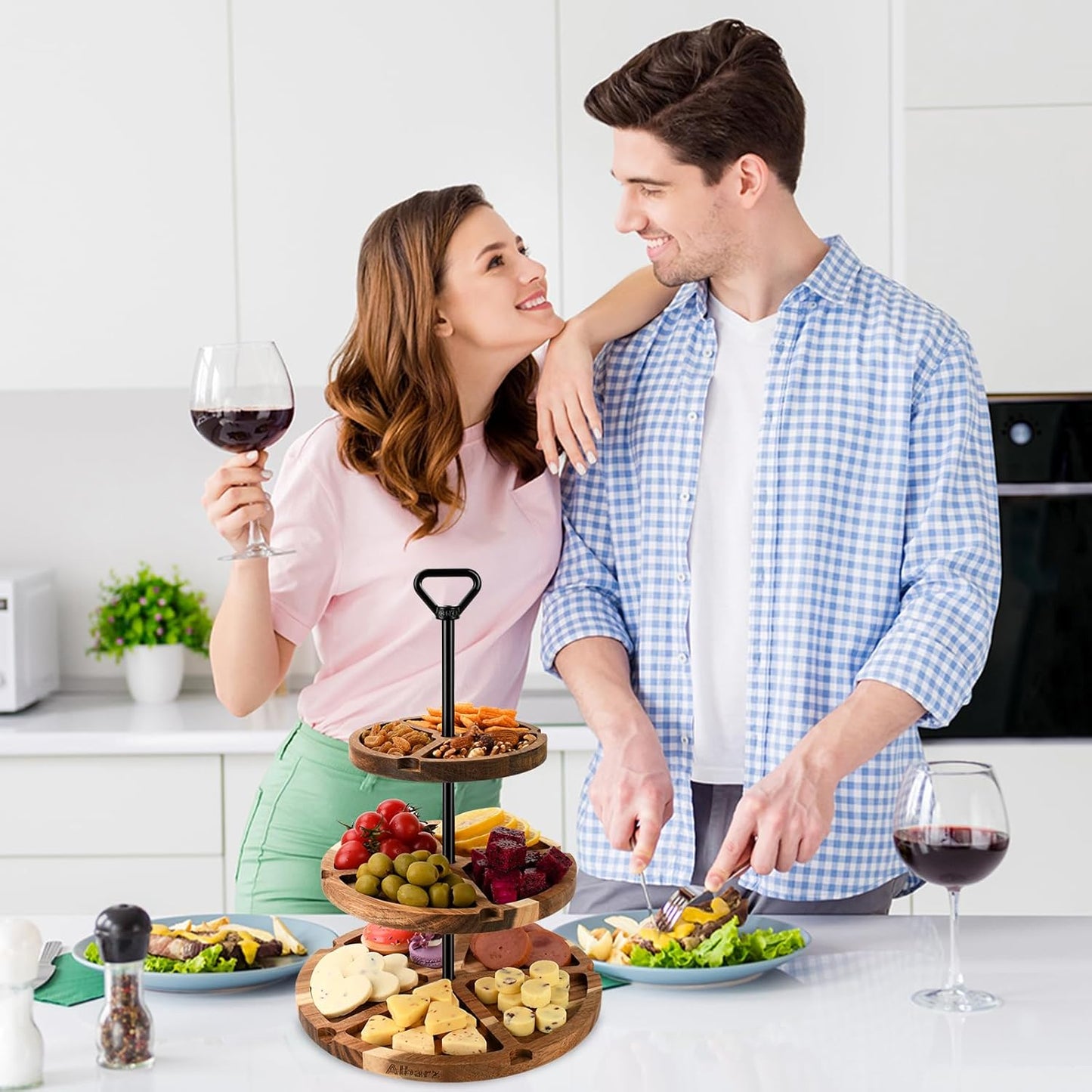 Elegant Charcuterie Boards Three Tiered Acacia Cheese Board and Cupcake Stand with 360° Easy-to-Spin Trays, Perfect for Gatherings, Housewarming Gifts, Celebrations, and Daily Usage.