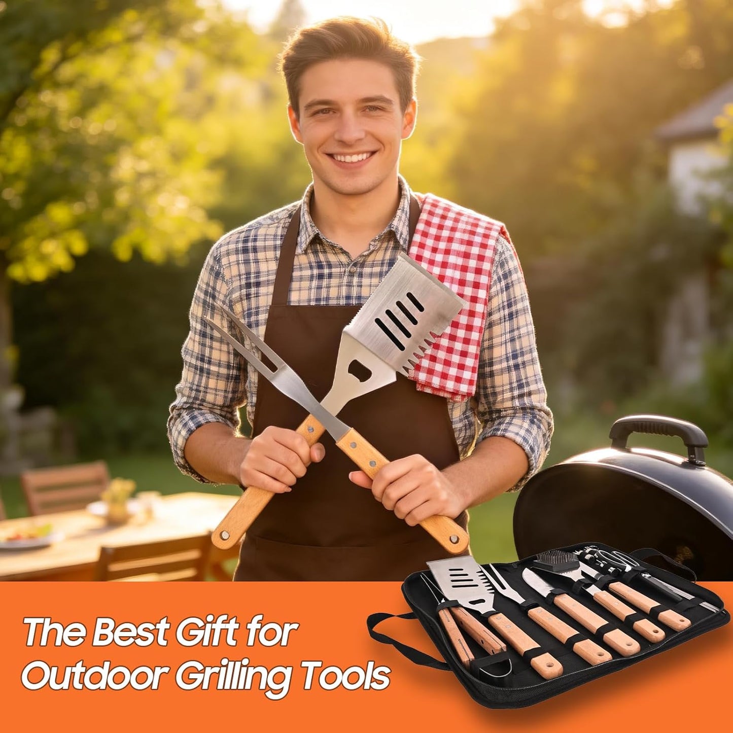 18 Piece Outdoor BBQ Grill Set, Heavy Duty Stainless Steel Grilling Utensils Kit with Portable Carry Bag, Complete Camping Barbecue Tool Set, Ideal Grilling Gift for Men Dad Backyard BBQ Party