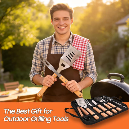 18 Piece Outdoor BBQ Grill Set, Heavy Duty Stainless Steel Grilling Utensils Kit with Portable Carry Bag, Complete Camping Barbecue Tool Set, Ideal Grilling Gift for Men Dad Backyard BBQ Party